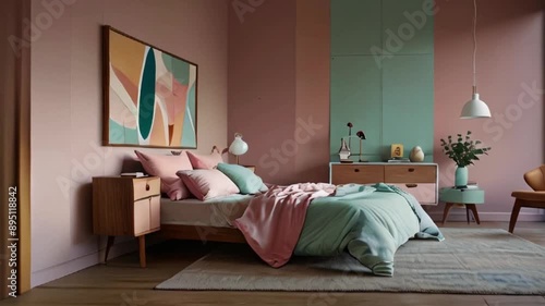 Modern Mid Century Bedroom Interior In Pastel Colors. photo