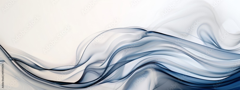 A white and blue abstract backdrop features a wave of smoke in its center A black and white object is situated in the image's midpoint A white and blue abstract backdrop features a wave of smoke in its center A black and white object is situated in the image's midpoint