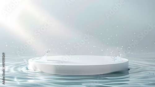 Empty white round podium on transparent calm water texture with splashes and waves in sunlight.