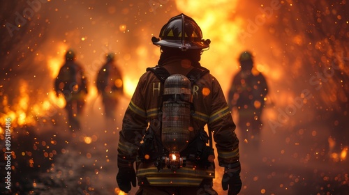 Firefighter Walking Through Burning Structure With Team © jul_photolover