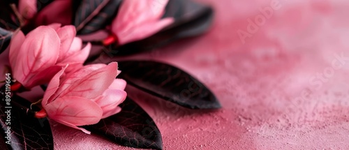  A collection of pink flowers atop a pink background, their black leafy tips contrasting above photo