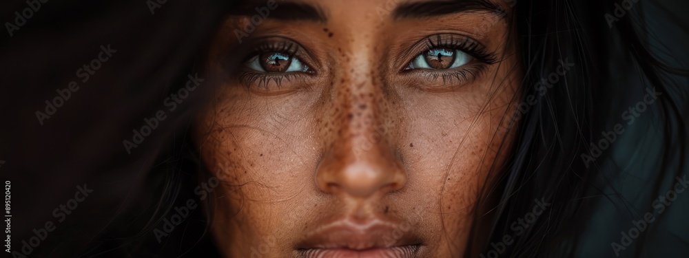 A tight shot of a woman's face adorned with freckles, some on her cheeks and others around her eyes A tight shot of a woman's face adorned with freckles, some on her cheeks and others around her eyes
