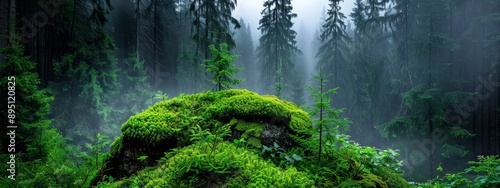  A moss-covered rock amidst a forest of lush green plants and trees on a foggy day