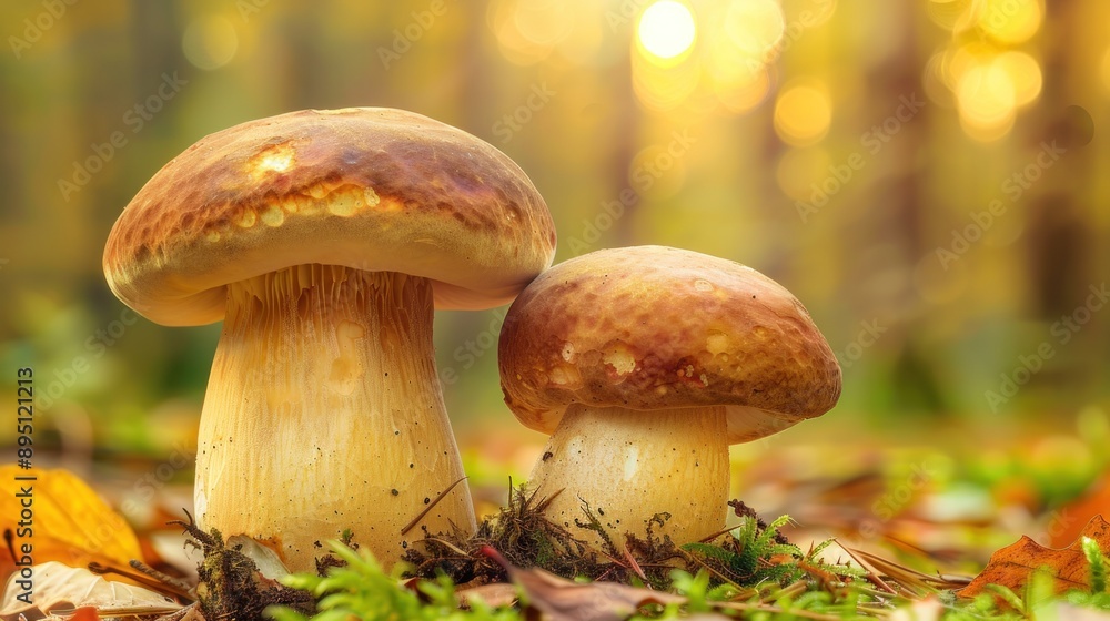 Two mushrooms growing in a forest setting during the autumn season Two mushrooms growing in a forest setting during the autumn season
