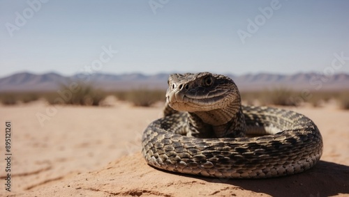 Menacing serpent poised to strike in vast and arid desert wilderness for search relevance. photo