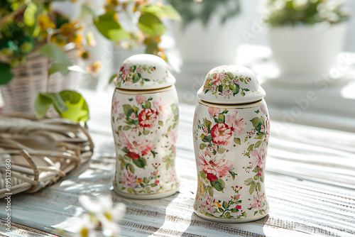 Vintage Chic Salt Pepper Shakers Floral Patterns Mockup ,copyspace