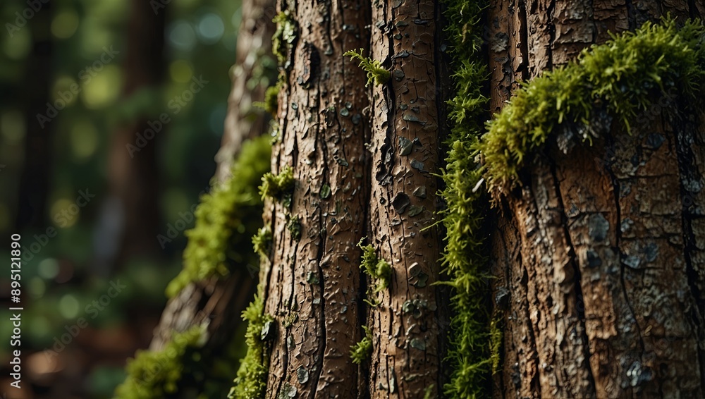Obraz premium tree bark wood texture with moss and other greens.