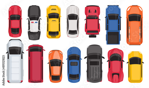 Cars top view. City vehicles. Personal or public transport. Auto park. Moving through streets. Taxi cab. Police automobile. SUV pickup. Trailer van. Road drive traffic elements vector set
