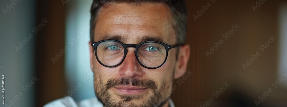 A tight shot of a man in a white shirt and necktie, his face framed by the rims of glasses and a beard A tight shot of a man in a white shirt and necktie, his face framed by the rims of glasses and a beard