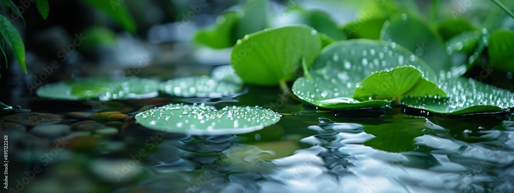 A collection of water lilies atop a verdant pond, speckled with droplets on emergent leaves A collection of water lilies atop a verdant pond, speckled with droplets on emergent leaves