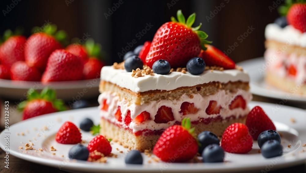 Homemade strawberry sponge cake slice with fresh berries and whipped cream on a plate. Homemade strawberry sponge cake slice with fresh berries and whipped cream on a plate.