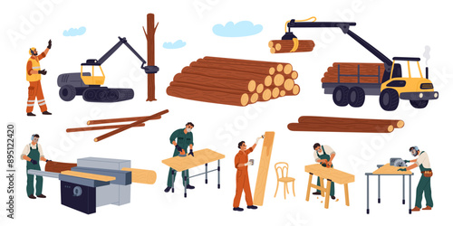 Carpenters and woodworkers. Wood processing. Industrial characters. Professional craftsmen with workshop tools. Logging and furniture manufacturing. Trees deforestation. Garish vector set