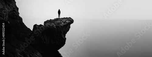  A monochrome image of an individual at a cliff's edge, overlooking a body of water