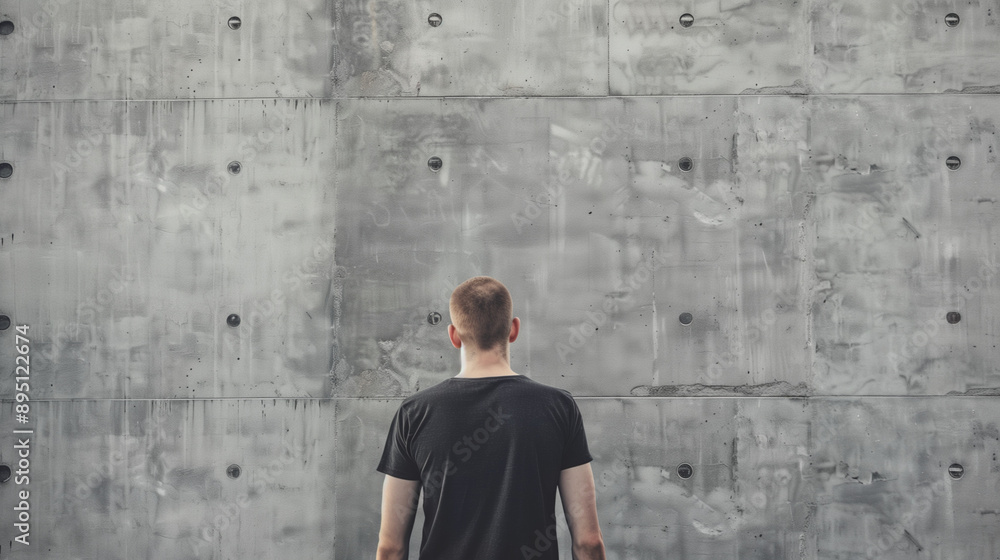 Fototapeta premium Man standing infront of a Wall. Man facing the Wall. Space for interpretation. Copyspace. Template.