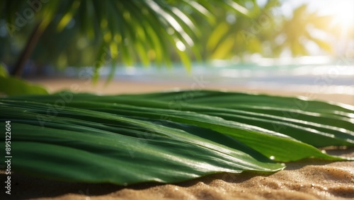 Tropical beach serenity green palm leaf with sunlight bokeh wave abstract background. photo