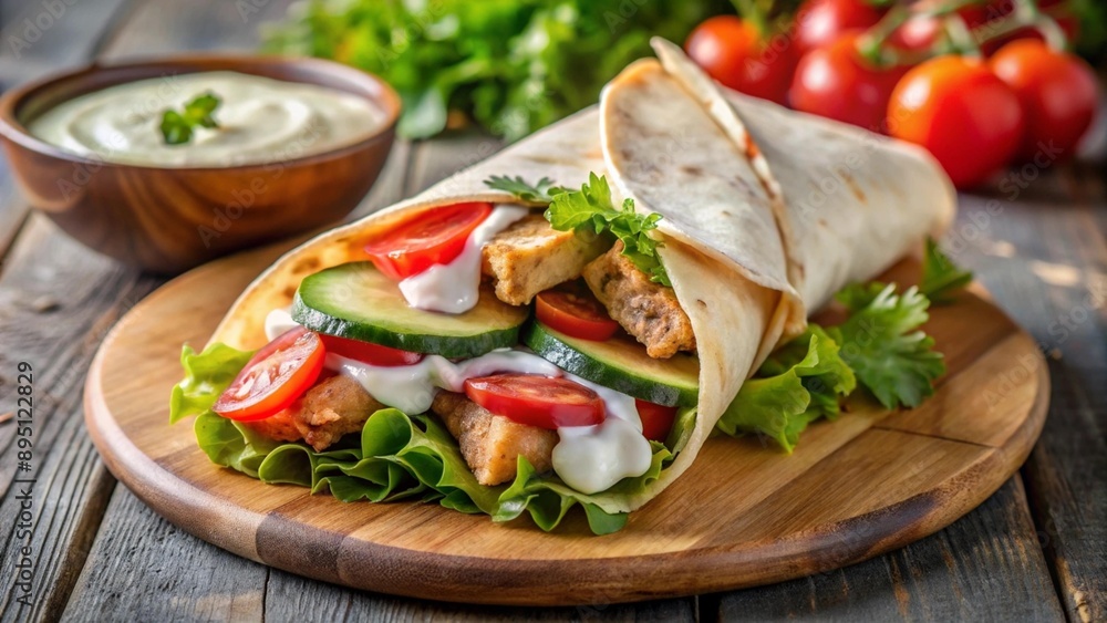 Chicken meat wrapped in pita bread with tomatoes, cucumber, pickled cucumber, salad mix and Greek yogurt sus with grains, on a wooden tray Snack Chicken meat wrapped in pita bread with tomatoes, cucumber, pickled cucumber, salad mix and Greek yogurt sus with grains, on a wooden tray Snack