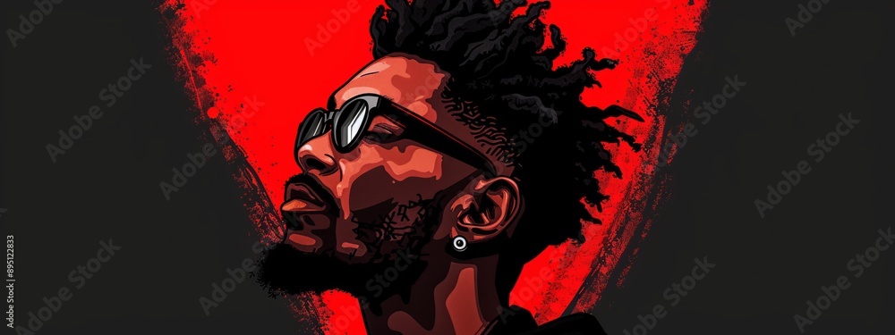 A tight shot of an individual in sunglasses against a backdrop of red paint splatters, their attire being a black shirt A tight shot of an individual in sunglasses against a backdrop of red paint splatters, their attire being a black shirt