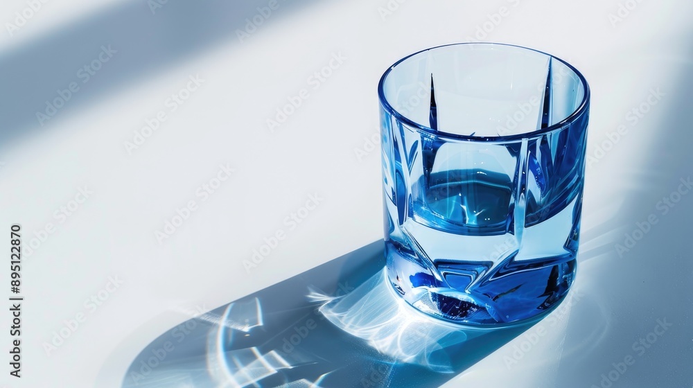 Crystal blue water glass in direct sunlight on white background Crystal blue water glass in direct sunlight on white background