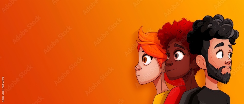 A group of people stand before an orange backdrop, each with their unique faces, not one repeated, against an identical orange orb background A group of people stand before an orange backdrop, each with their unique faces, not one repeated, against an identical orange orb background