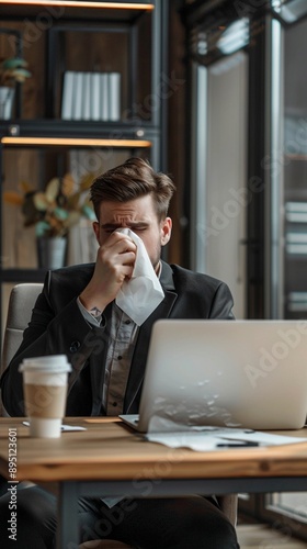 Stressed businessman in dark suit rubs eyes while working on laptop in modern cafe, coffee cup nearby, depicting work pressure and fatigue in urban setting.