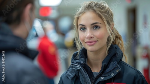 Young Woman With Blonde Hair Smiles at Man in Interior Location © jul_photolover