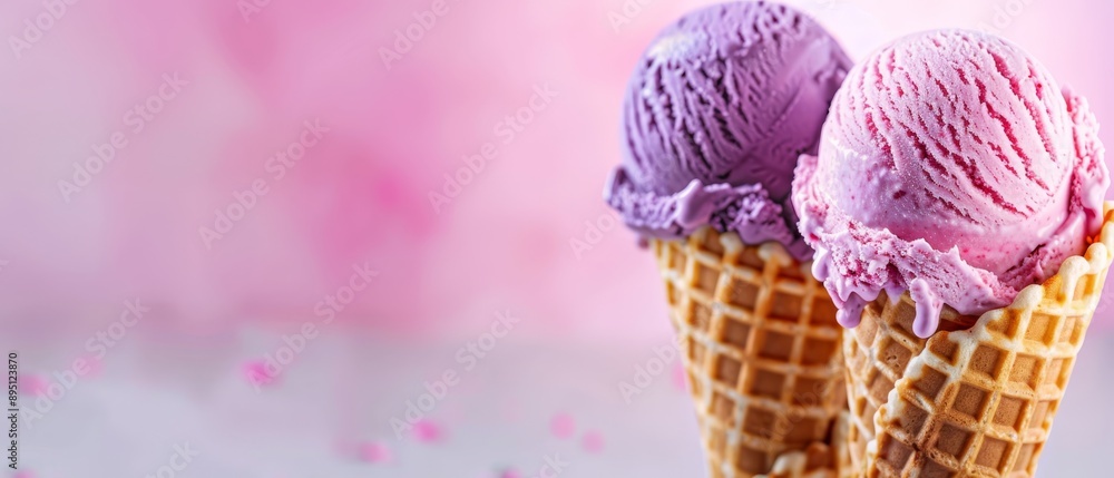 Two scoops of ice cream in a pink waffle cone, topped with pink and purple icing against a soft pink backdrop Two scoops of ice cream in a pink waffle cone, topped with pink and purple icing against a soft pink backdrop