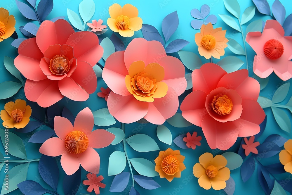 Pink paper flowers on blue background Pink paper flowers on blue background