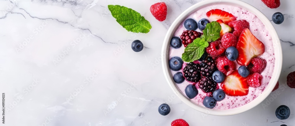 A marble surface holds a bowl of yogurt topped with raspberries, mint leaves, and a sprig of fresh mint A marble surface holds a bowl of yogurt topped with raspberries, mint leaves, and a sprig of fresh mint