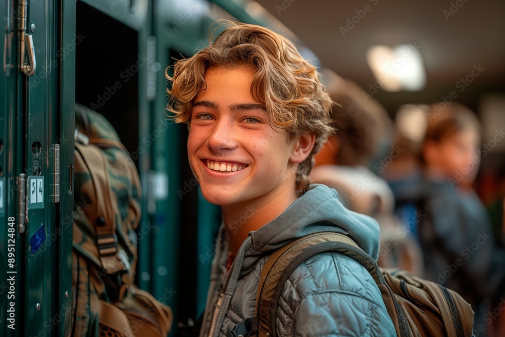 Handsome university student with wavy blonde hair and big smile is close to a opened locker. Back to school concept. Copy space for text Handsome university student with wavy blonde hair and big smile is close to a opened locker. Back to school concept. Copy space for text