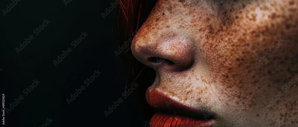 A tight shot of a woman's face adorned with freckles scattering across her complexion, notably her nose A tight shot of a woman's face adorned with freckles scattering across her complexion, notably her nose