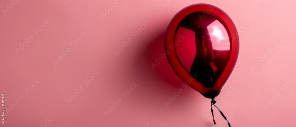 A red balloon, tethered by a string, hangs against a pink wall A red balloon, tethered by a string, hangs against a pink wall
