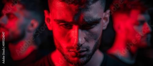  A man, his face illuminated by a red light, stands before a gathering of similarly lit men