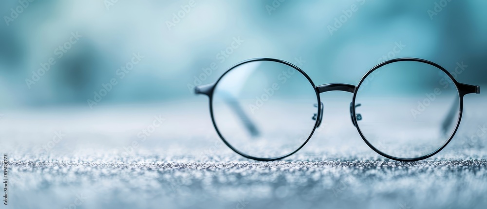 A pair of round glasses rests on a white cloth-covered ground The background showcases a blurred image of trees A pair of round glasses rests on a white cloth-covered ground The background showcases a blurred image of trees