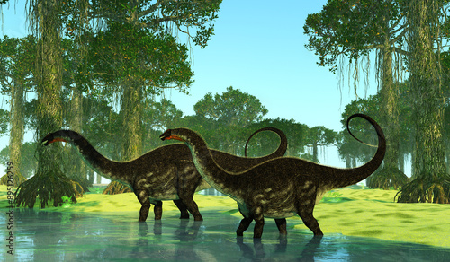 Fototapeta Naklejka Na Ścianę i Meble -  Apatosaurus Swamp - Apatosaurus was a herbivorous sauropod dinosaur that lived in North America during the Jurassic Period.