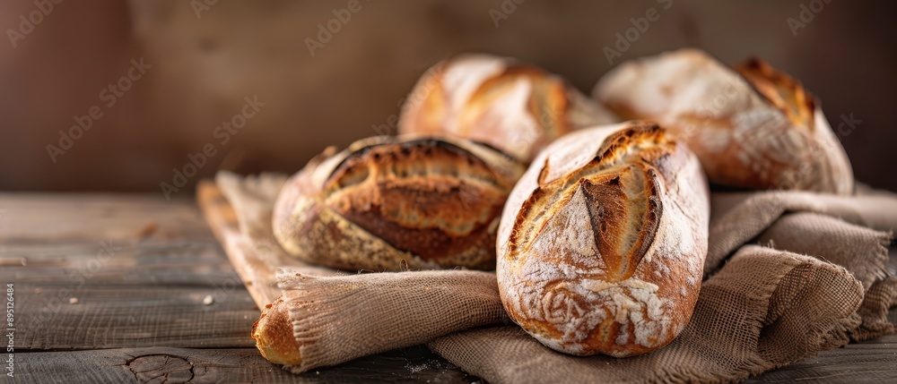 A collection of loaves of bread atop a cloth-covered wooden table, beside a bag A collection of loaves of bread atop a cloth-covered wooden table, beside a bag