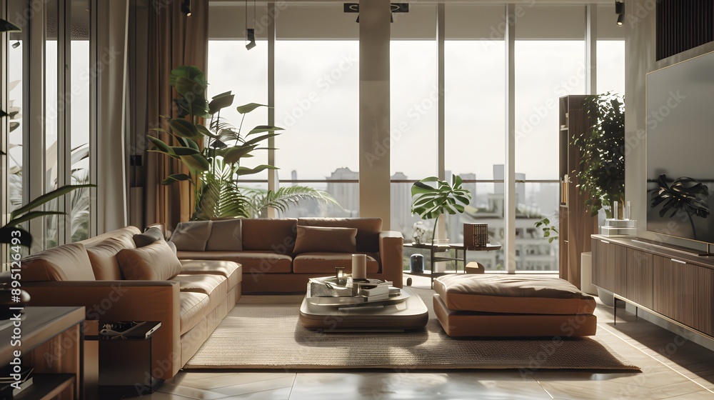 A modern spacious apartment room with big glass window and city view, modern luxurious designer apartment A modern spacious apartment room with big glass window and city view, modern luxurious designer apartment
