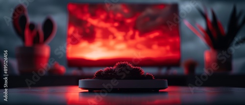  A small cactus atop a table, beside a red vase In the background, a painting hangs on the wall photo