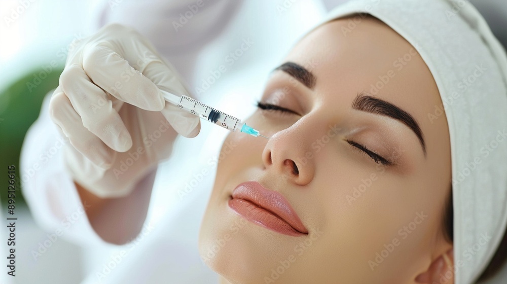Aesthetic medicine procedure: close-up of a patient receiving a facial injection treatment, showcasing modern beauty enhancement techniques. Aesthetic medicine procedure: close-up of a patient receiving a facial injection treatment, showcasing modern beauty enhancement techniques.
