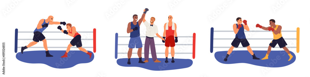 Boxers in ring scenes. Sports fighting. Boxing sparring. Athletes competitions. Professional fighters in uniform. Referee announces winner and loser. Kickboxers match. Garish vector set Boxers in ring scenes. Sports fighting. Boxing sparring. Athletes competitions. Professional fighters in uniform. Referee announces winner and loser. Kickboxers match. Garish vector set