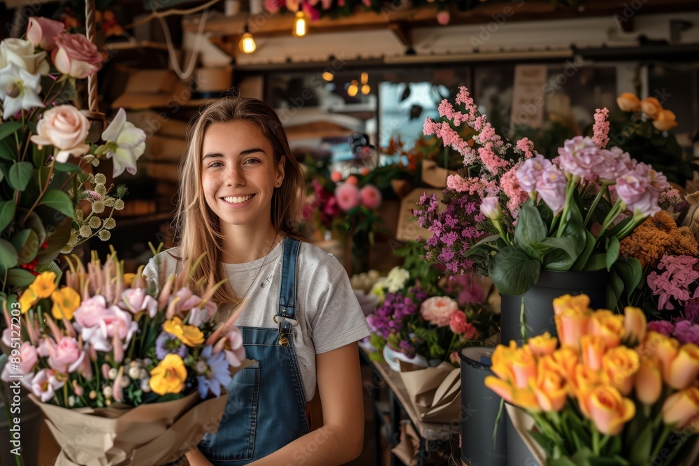 Smiling florist young woman working in florist shop, looking at camera. Startup, small business, entrepreneur Smiling florist young woman working in florist shop, looking at camera. Startup, small business, entrepreneur