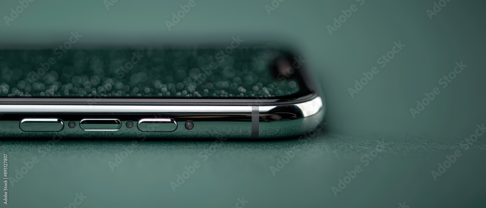 A tight shot of a cell phone atop a green background The phone's back is depicted in a softly blurred fashion A tight shot of a cell phone atop a green background The phone's back is depicted in a softly blurred fashion