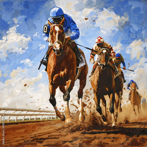 Painting of a horse and jockey racing 