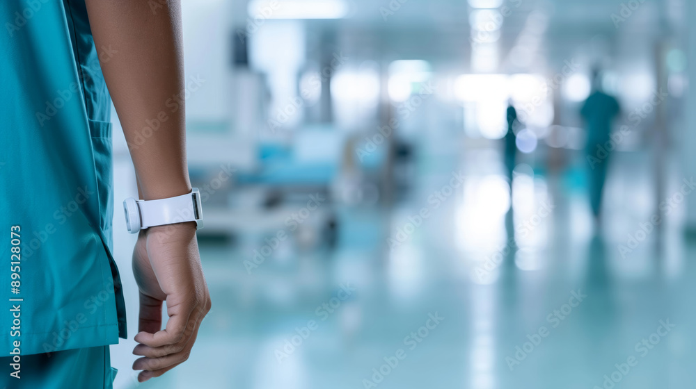 A close-up of a patient's wrist with a medical ID bracelet, blurred hospital scene in the background A close-up of a patient's wrist with a medical ID bracelet, blurred hospital scene in the background
