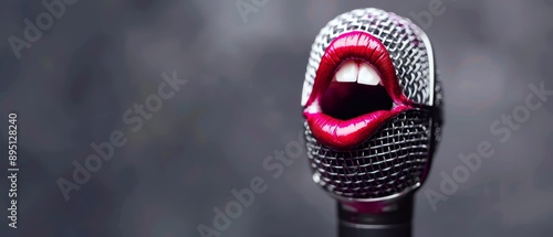  A tight shot of a microphone with a red lip protruding from its grille photo