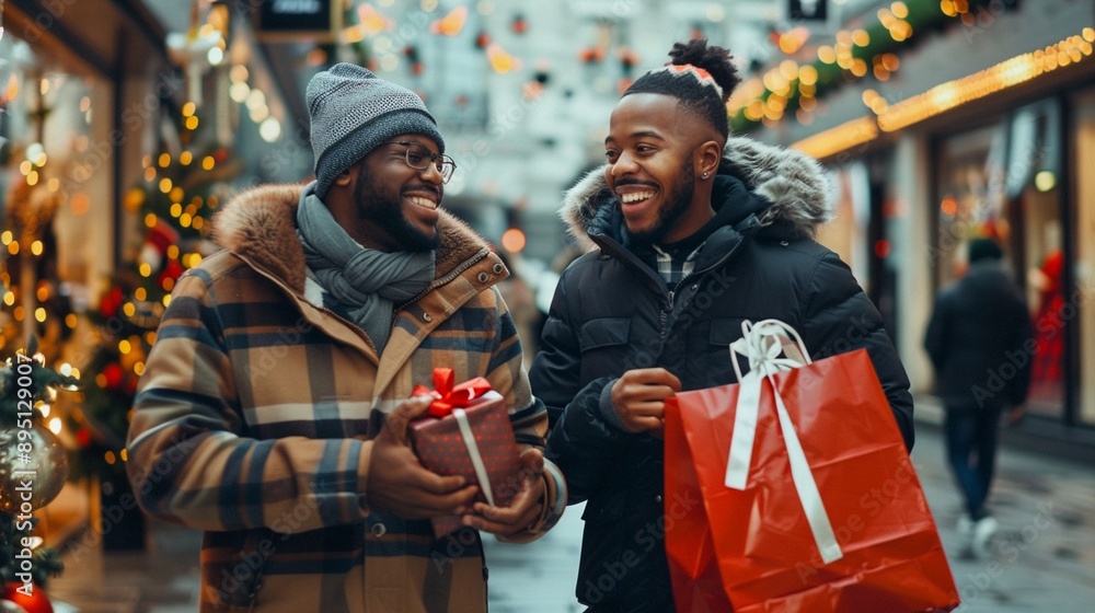Joyful friends sharing laughter while holiday shopping on a festive street, surrounded by twinkling lights and decorations, embodying the spirit of giving. Joyful friends sharing laughter while holiday shopping on a festive street, surrounded by twinkling lights and decorations, embodying the spirit of giving.