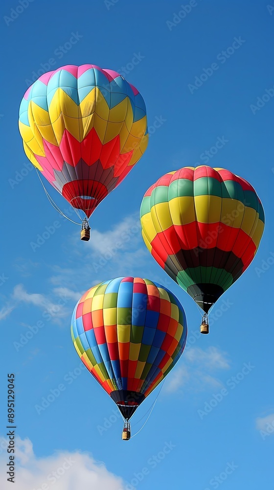 Three Colorful Hot Air Balloons In The Blue Sky Three Colorful Hot Air Balloons In The Blue Sky