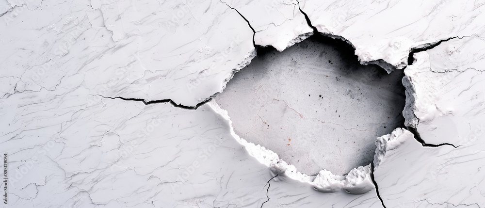 A cracked white marble wall with a central black pit A cracked white marble wall with a central black pit