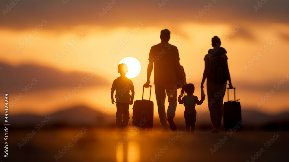 © fotogurme - A family walking towards a border crossing, carrying luggage and looking forward, sunset background © fotogurme - A family walking towards a border crossing, carrying luggage and looking forward, sunset background