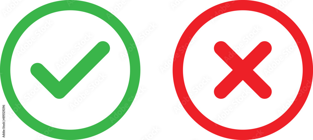 Correct and wrong icon set in green and red colors . Tick and cross icons . Vector illustration Correct and wrong icon set in green and red colors . Tick and cross icons . Vector illustration