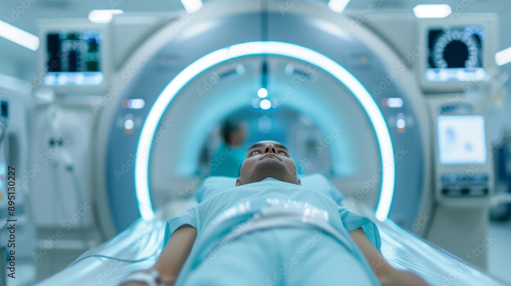 A patient undergoing a CT scan in a hospital, technician monitoring from outside, advanced medical equipment A patient undergoing a CT scan in a hospital, technician monitoring from outside, advanced medical equipment